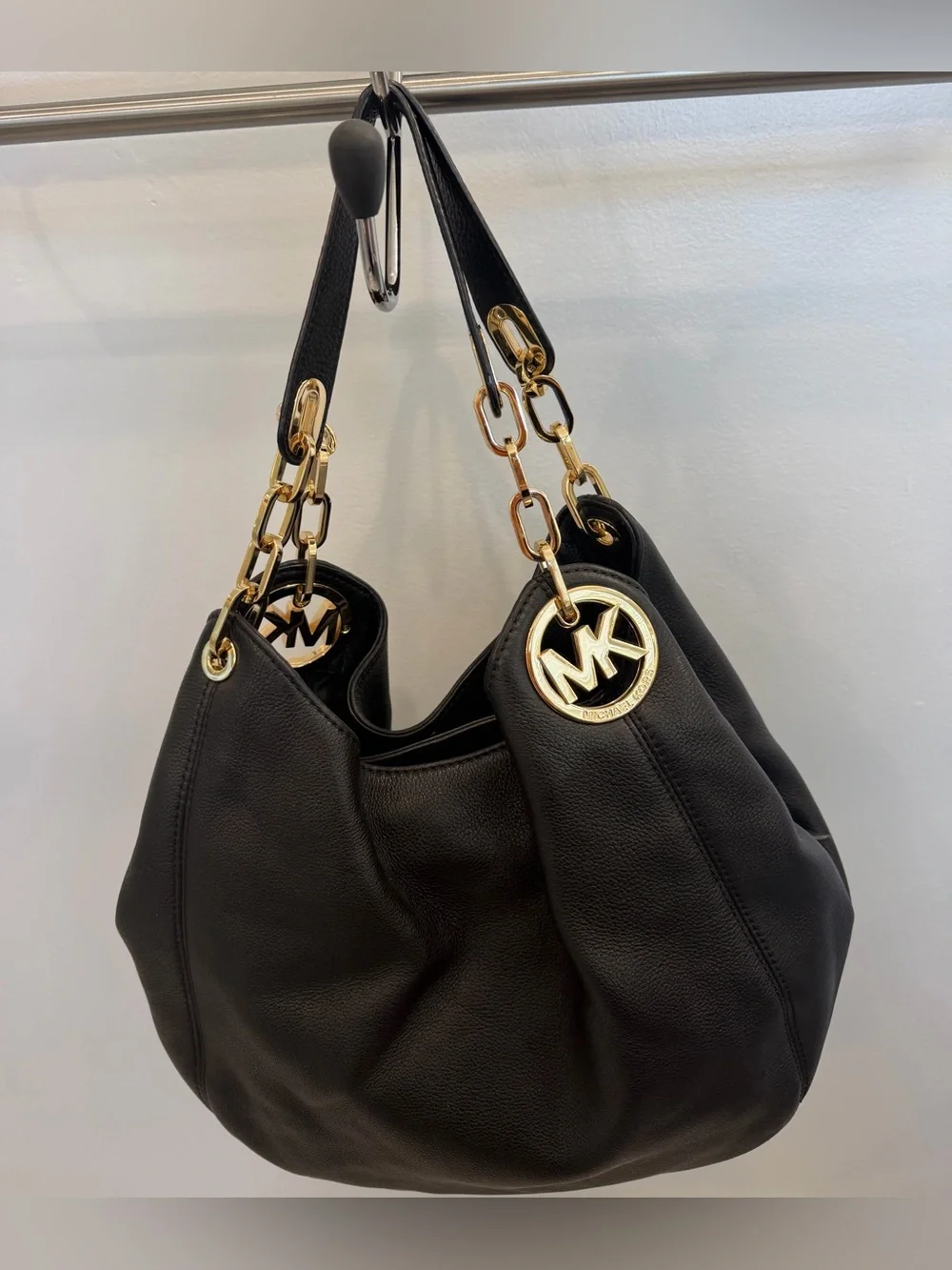 Michael Kors Black Leather Shoulder Hobo with Gold Chain Trim